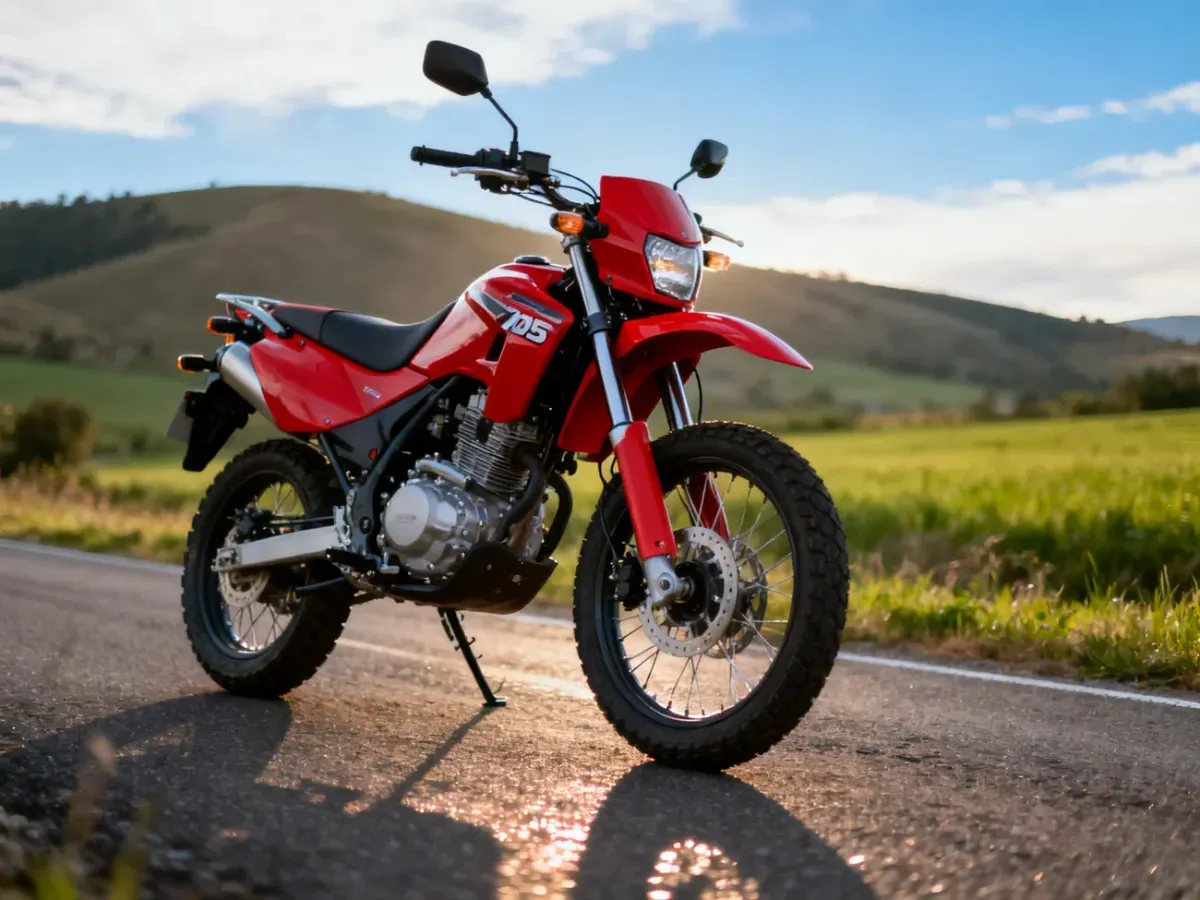 Czerwony Junak RX One 125 w stylu adventure zaparkowany na wiejskiej drodze, podkreślający sylwetkę i detale silnika.