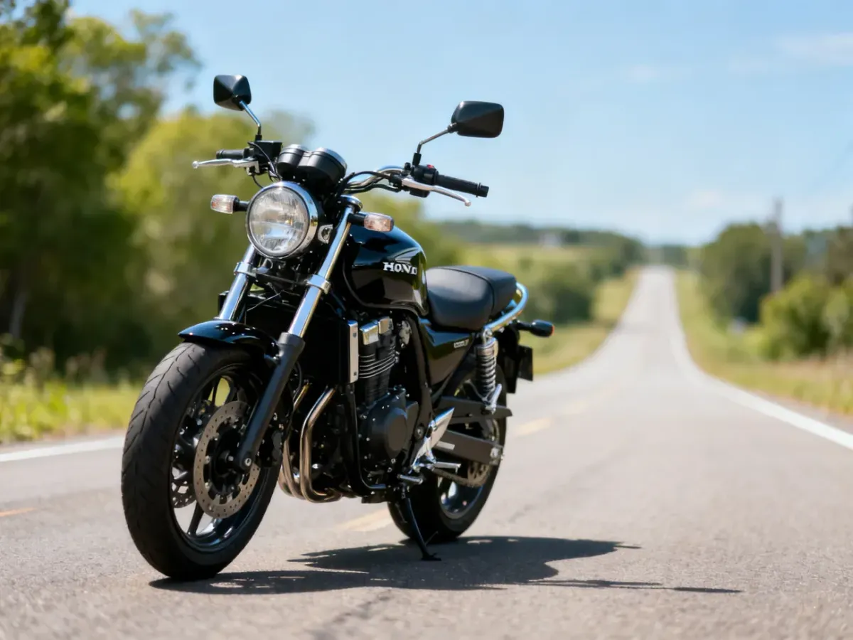 Honda Rebel 500 w matowej czerni na pustej, malowniczej drodze, podkreślająca styl cruisera i turystyczny charakter motocykla