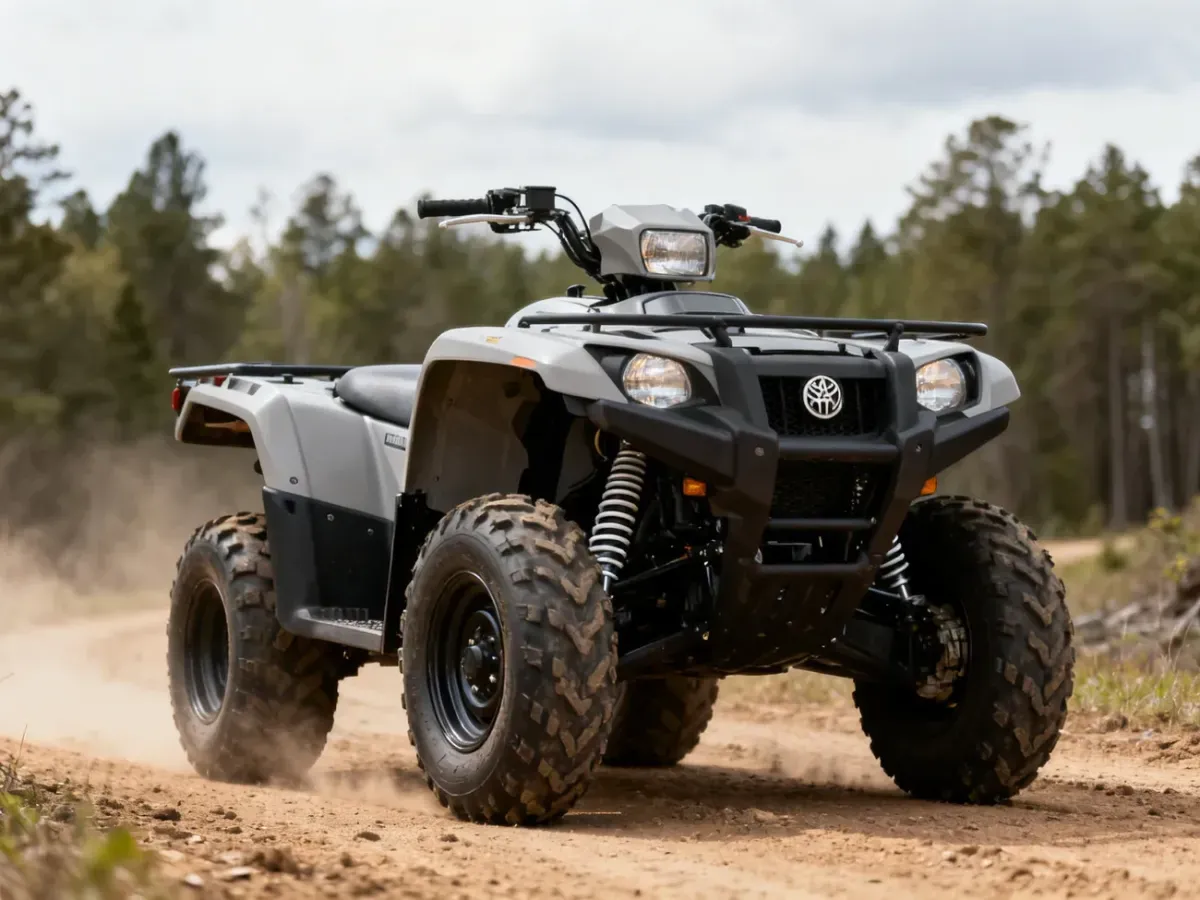 Yamaha Grizzly 700 na leśnym szlaku, widok z przodu, podkreślone zawieszenie i opony, gotowy do jazdy w terenie