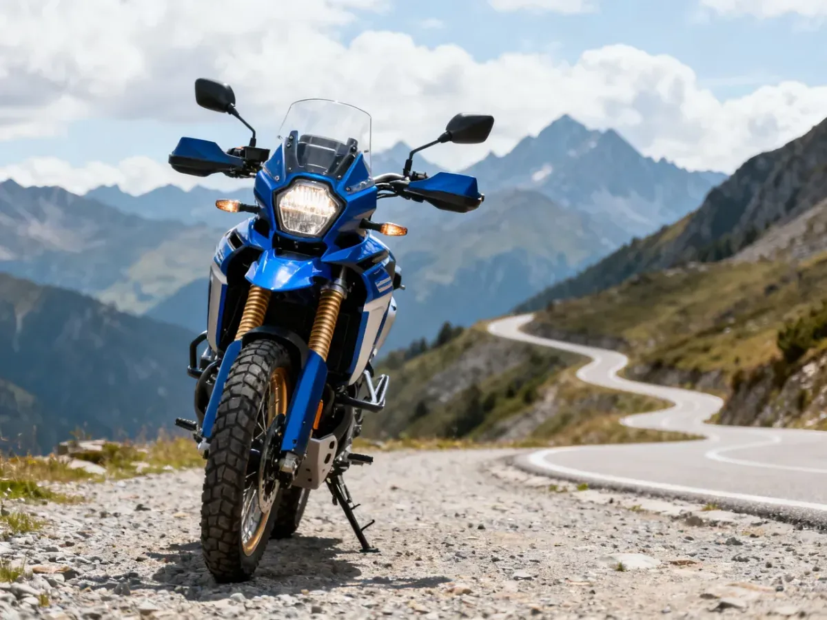 Niebieska Yamaha Tenere 700 na szutrowej, górskiej drodze, z wyeksponowanym przodem, zawieszeniem i oponą terenową.