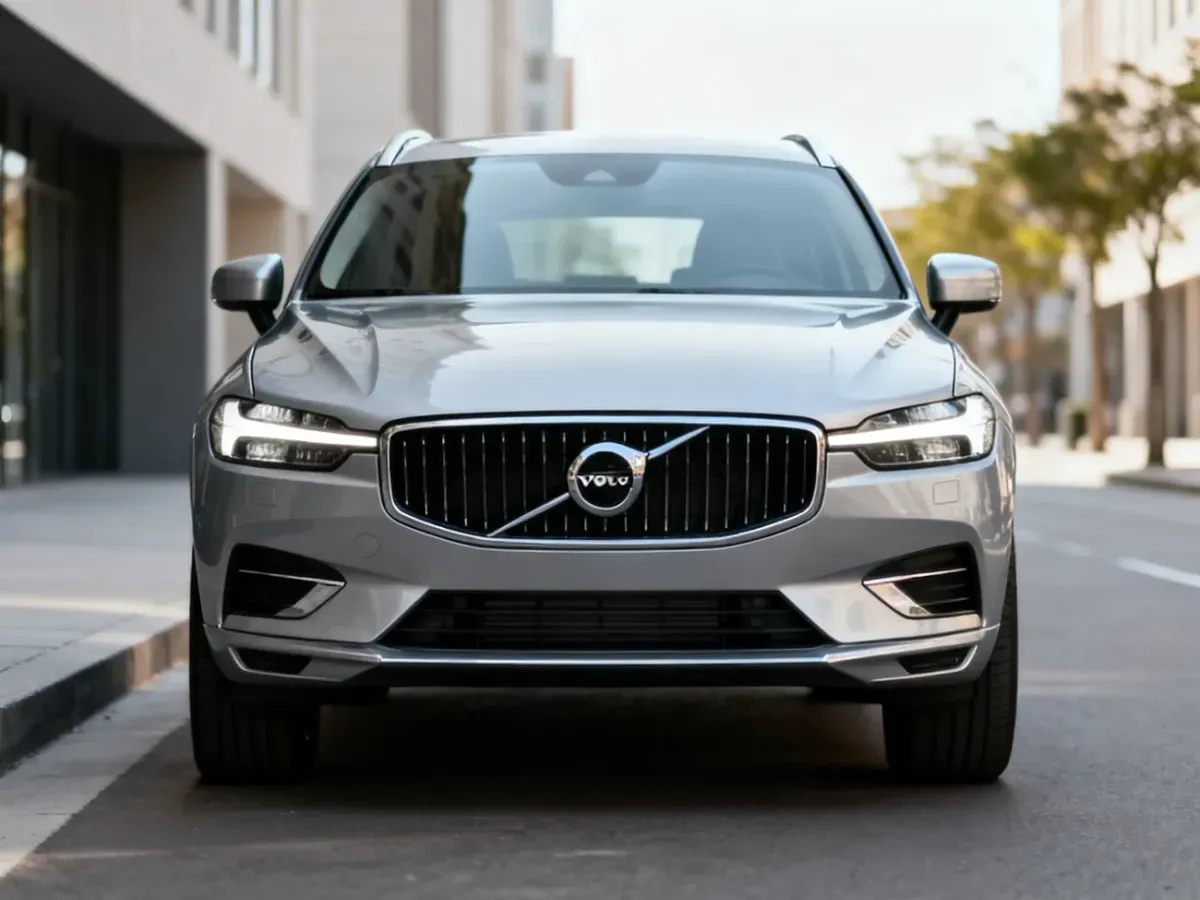 Srebrne Volvo XC60 zaparkowane na spokojnej, miejskiej ulicy, eksponujące przód auta, grill i reflektory w dziennym świetle.